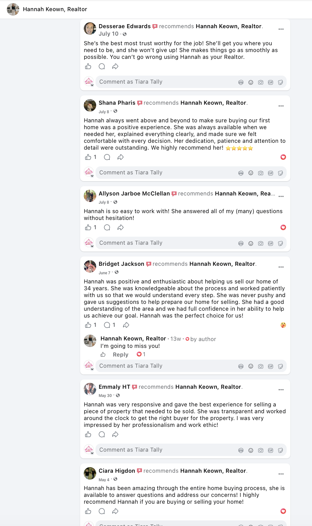 Facebook recommendations for Hannah Keown from buyers and sellers
