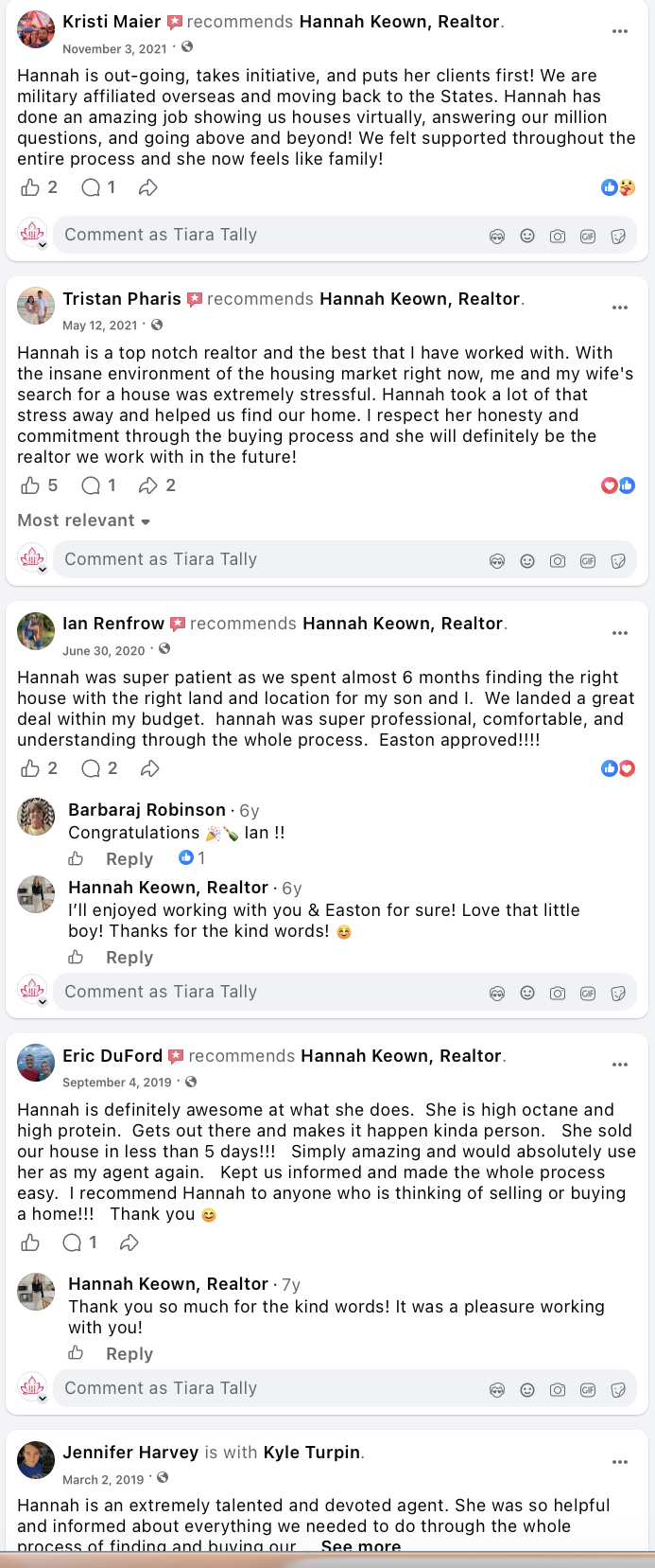 Client recommendations describing Hannah Keown's buyer and seller service